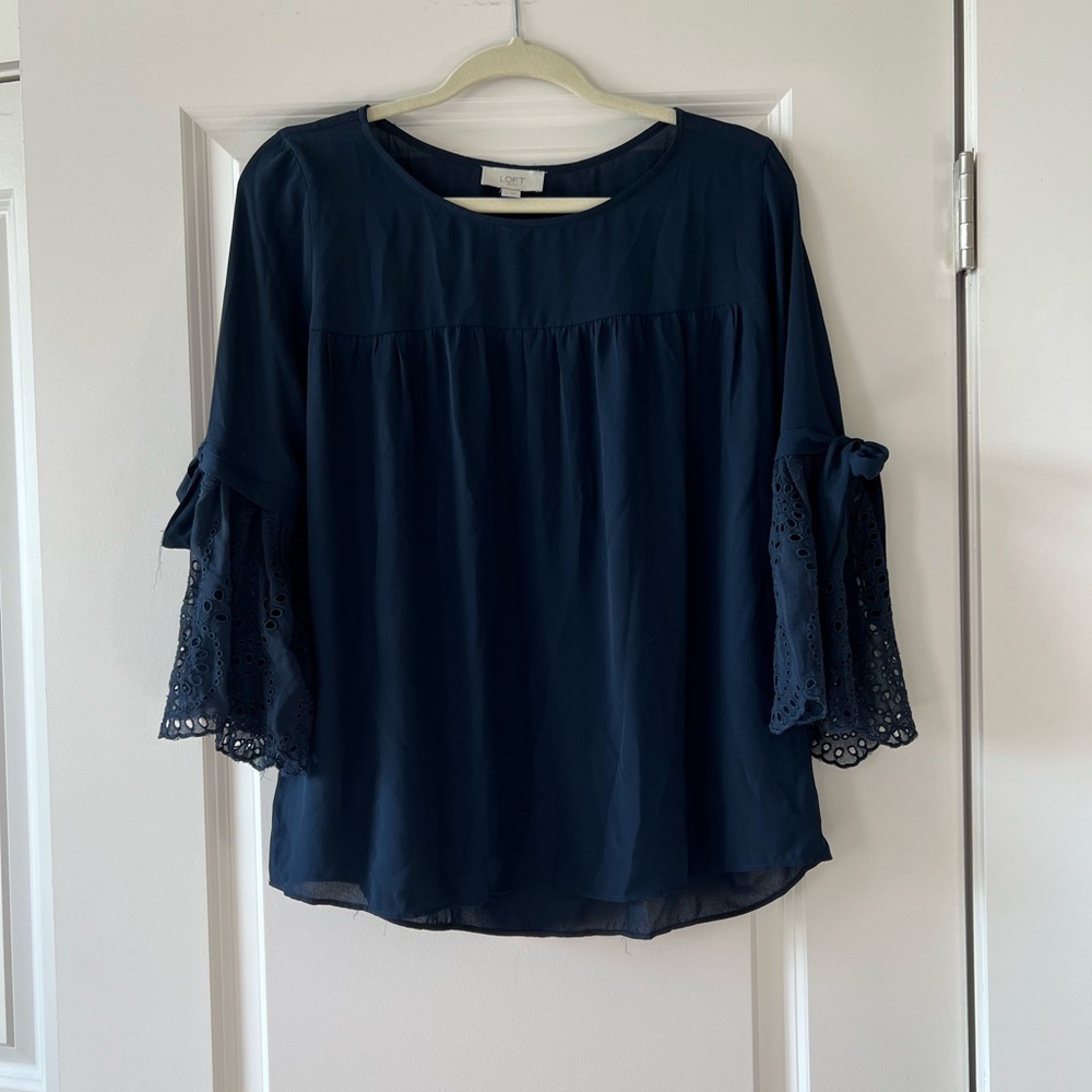 Longsleeve Navy Blue Blouse with Tie Detail on Sleeves -By Loft